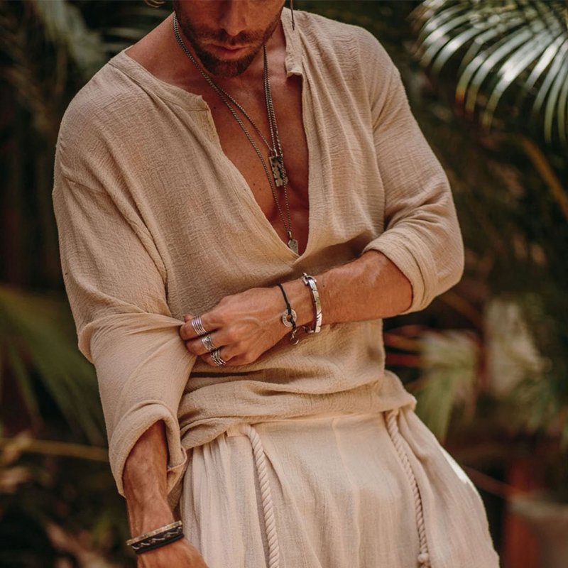 Mens Linen Minimalist Holiday Plain Shirt